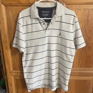 Nautica Men's Polo with Cream and Navy Blue Stripes
